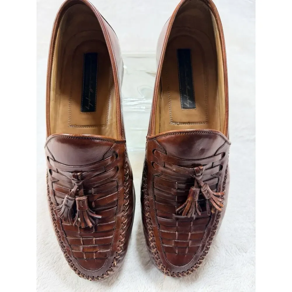 VTG Johnston & Murphy Italy Woven Leather Tassel Loafers Mens SZ 9 M Cognac